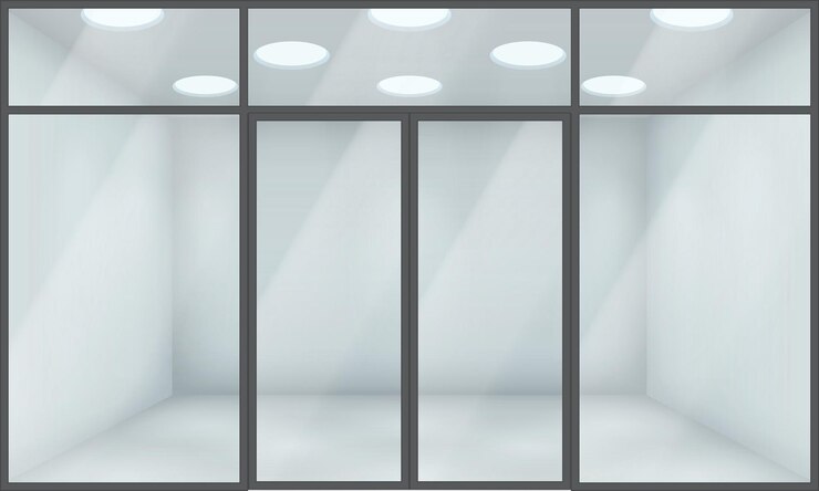 Vector glass door and facade of store realistic 3d illustration