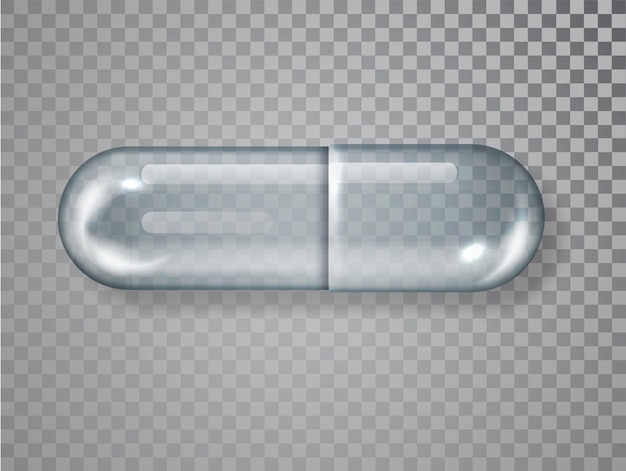 Glass empty capsule, medical pill isolated. Vector realistic 3d white medical pill.