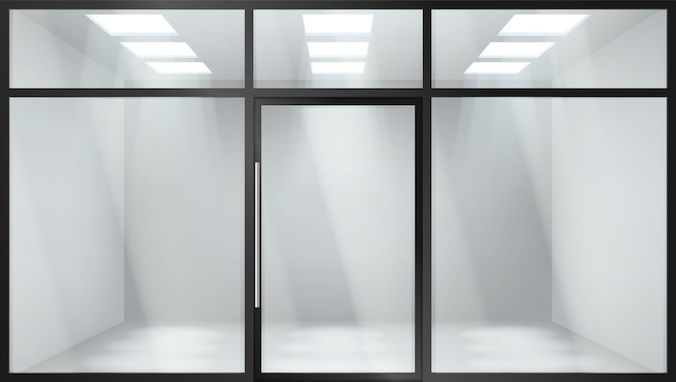 Vector glass entrance door. shopping center mall entrance automatic doors with reflection and black frame