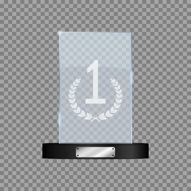 Glass first place award realistic mockup of rectangular winners trophy on transparent background