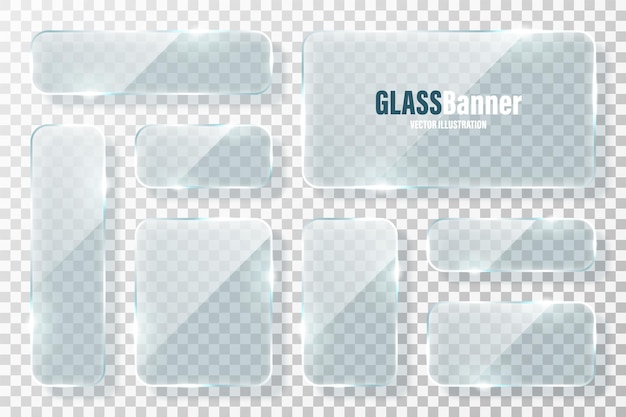 Glass frames collection realistic transparent glass banner with glare vector design element