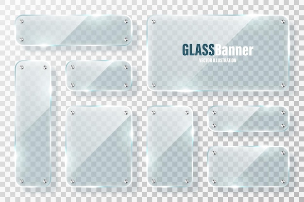 ベクトル メタルホルダーのグラスフレーム コレクション リアルな透明ガラスのバナー 眩しいモックアップ