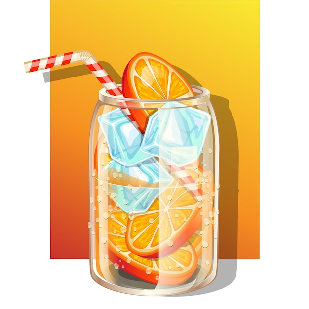 Vector glass of fresh cold infused water with fresh lemon and ice cubes decorated with drinking straw