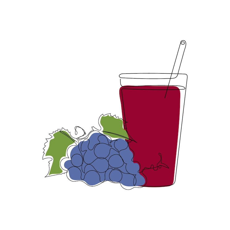 Vector glass of fresh grape juice. one line drawing color vector illustration.