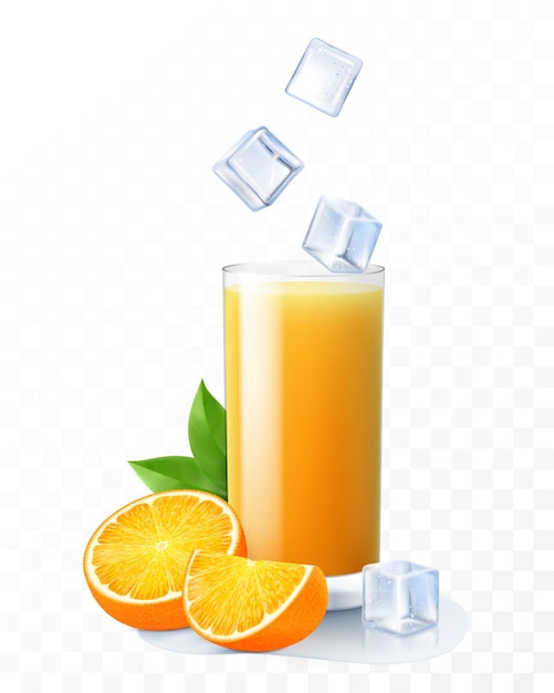 A glass of fresh orange juice with ice cubes falling into the glass Cup of citrus smoothies with ripe orange isolated on transparent background Realistic 3d vector