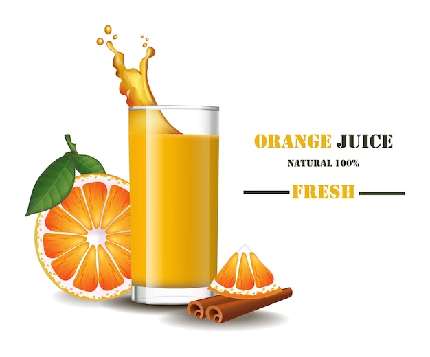 A glass of fresh orange juice with splash realistic illustrations mock up