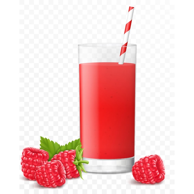 Glass of fresh raspberry juice with berries and striped straw for cocktails isolated on transparent background Smoothies of raspberry Realistic 3d vector illustration for advertising your products