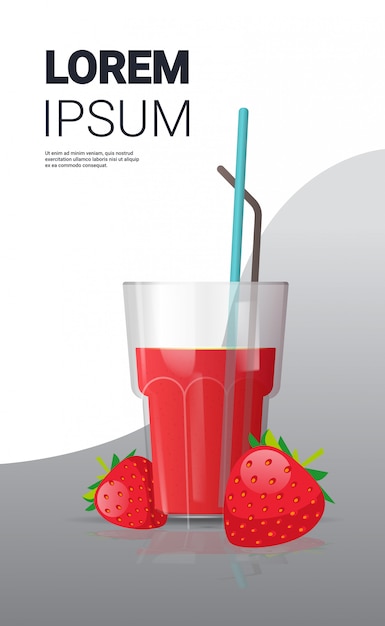 glass of fresh strawberry juice with straw and berries vertical copy space