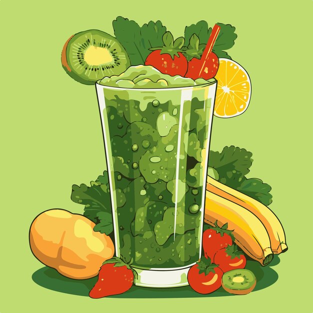 Vector a glass of fruit juice with a green background and a bunch of fruits.