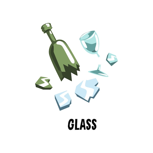 Glass garbage broken mirror, green bottle and wine goblet. Trash sorting. Colored illustration for concept about clean environment. Save the planet. Flat vector design isolated on white background.