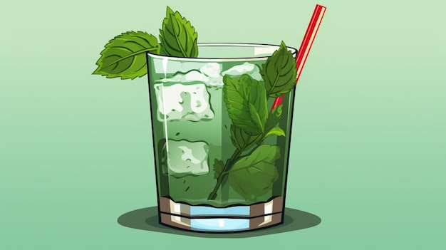 Vector a glass of green cocktail with a straw and a straw