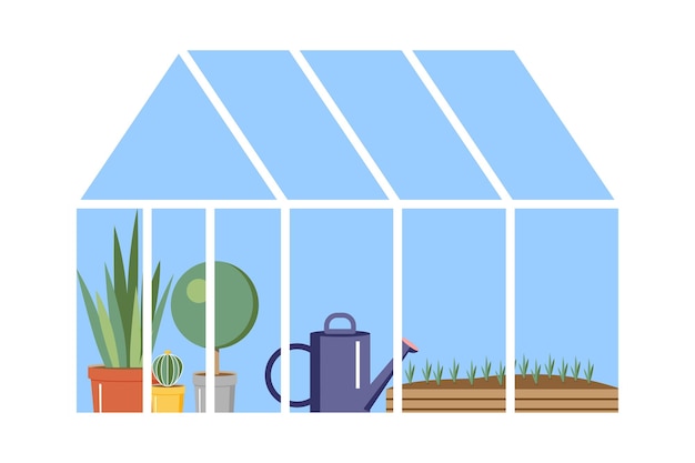 Vector glass greenhouse with flowers watering can and seedlings vector illustration