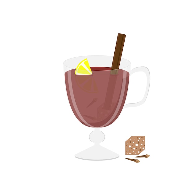 Glass of grog with cinnamon cloves and lemon in cartoon style Vector illustration on white background