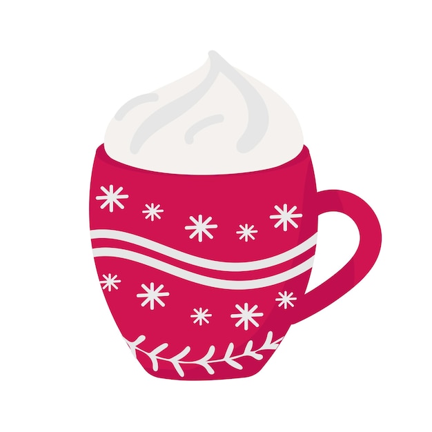 Стакан горячего шоколада со взбитыми сливками, шоколадом и рождественским печеньем, красный со снежинкой.