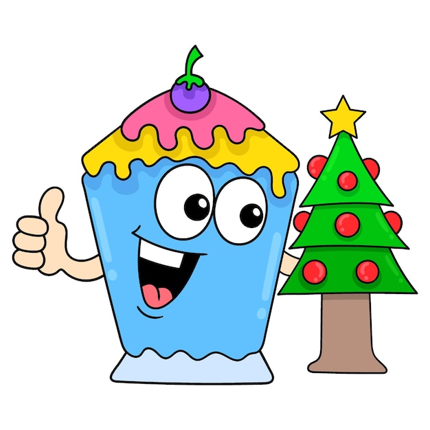 A glass of ice cream celebrating christmas hugging a fir tree doodle icon image kawaii