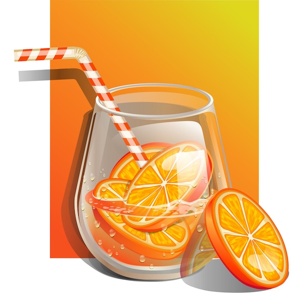 Vector glass of infused water with fresh orange and drinking straw