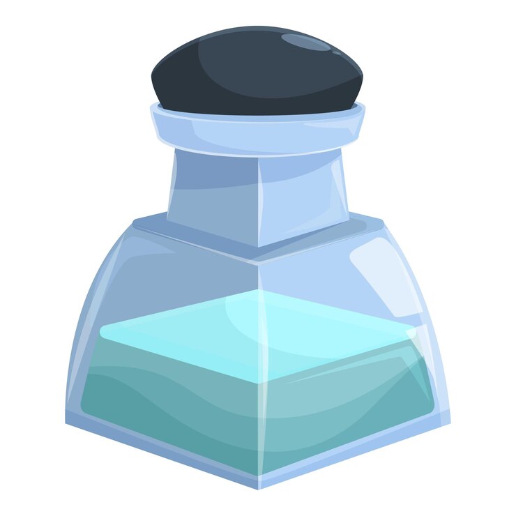 Vector glass inkwell containing blue ink for fountain pen