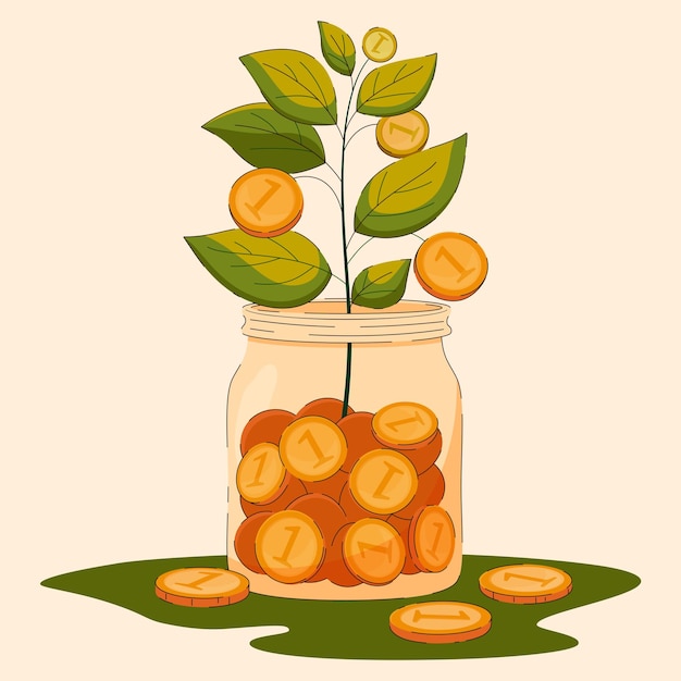 A glass jar filled with coins and a money tree growing from it symbolizes deposits and bonds