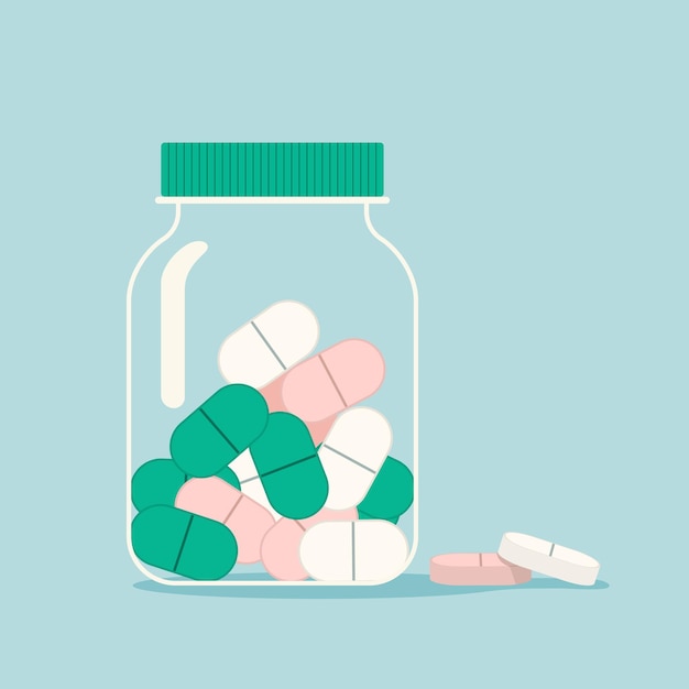 a glass jar filled with green pink and white capsuleshaped tablets on a light blue background