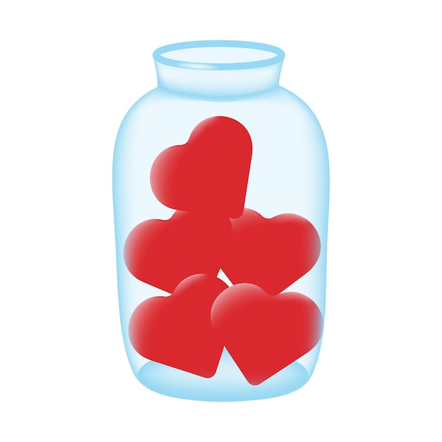 Glass jar filled with red hearts isolated on white background. Vector illustration.