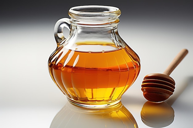 glass jar full of honey and dipper isolated on white background