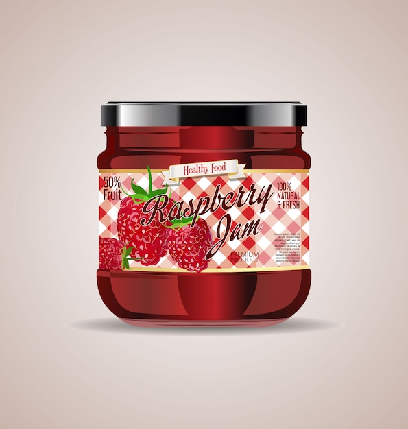 Vector glass jar mockup raspberry jam package design