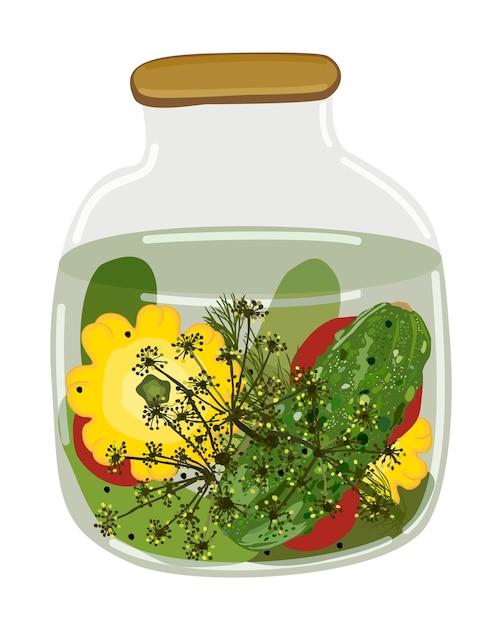 Glass jar of pickled cucumbers, tomatoes and pattissons with dill and peppercorns.