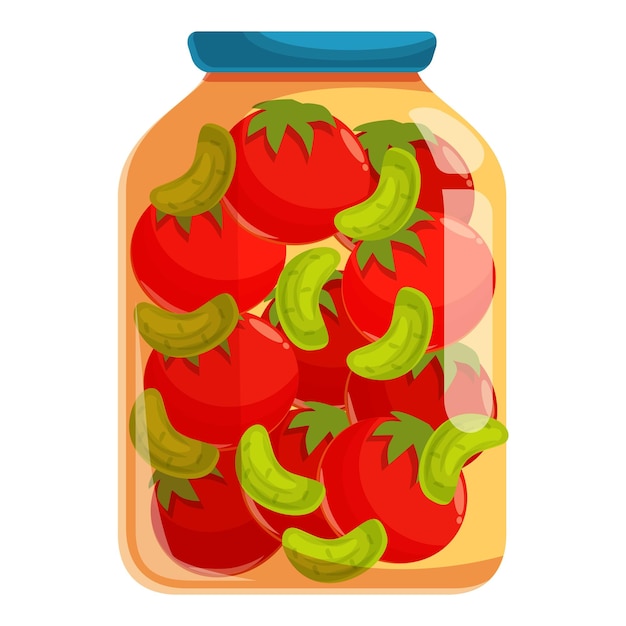 Glass jar preserving fresh organic tomatoes and pickles