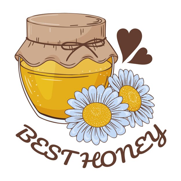 Glass jar of sweet honey and cute flowers. Best honey. Hand drawn picture. Vector illustration. Isolated on white.