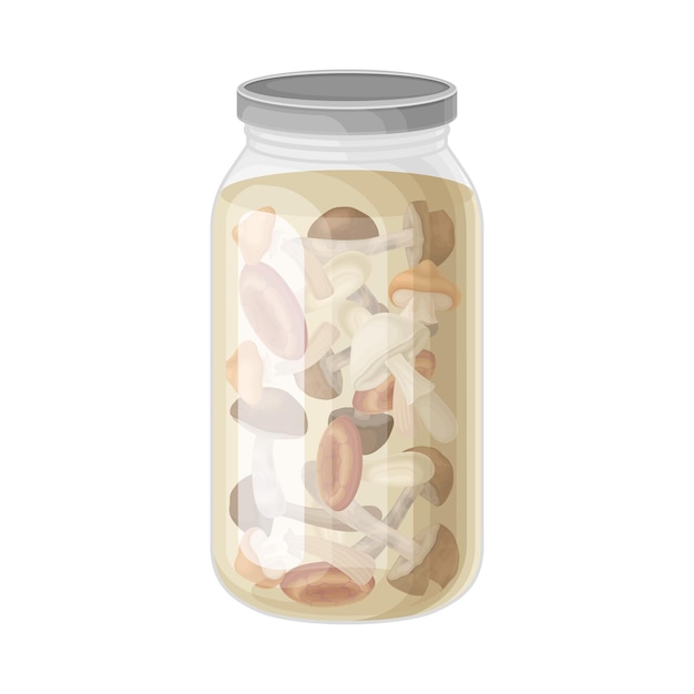 Glass Jar with Brined Whole Mushrooms Vector Illustration