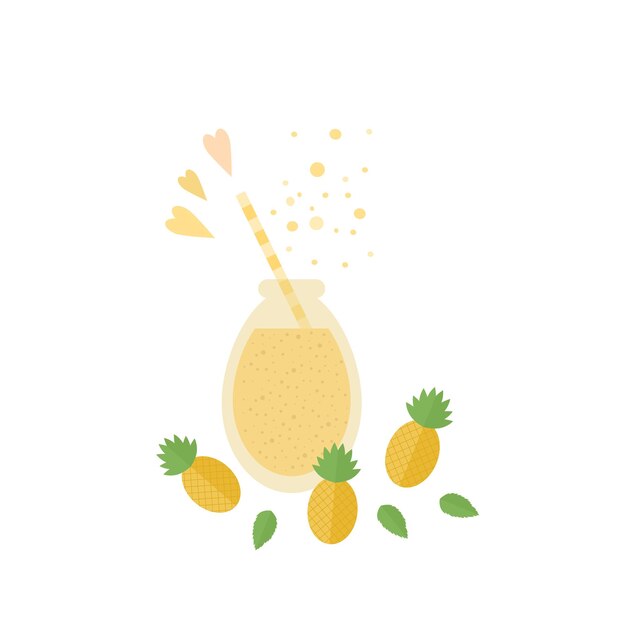 Vettore vaso di vetro con succo di cocktail di frutta e ananas su un tavolo illustrazione vettoriale