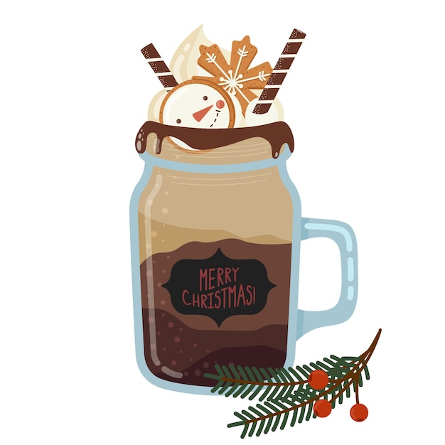 Vector glass jar with handle with coffee drink and christmas chocolate chip cookies cute vector illustration