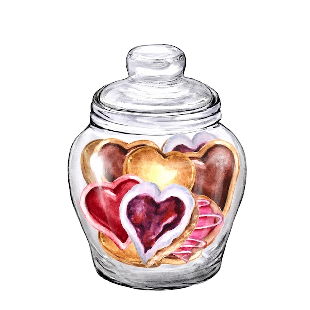 glass jar with heart shaped cookies watercolor illustration for valentines day birthday holiday
