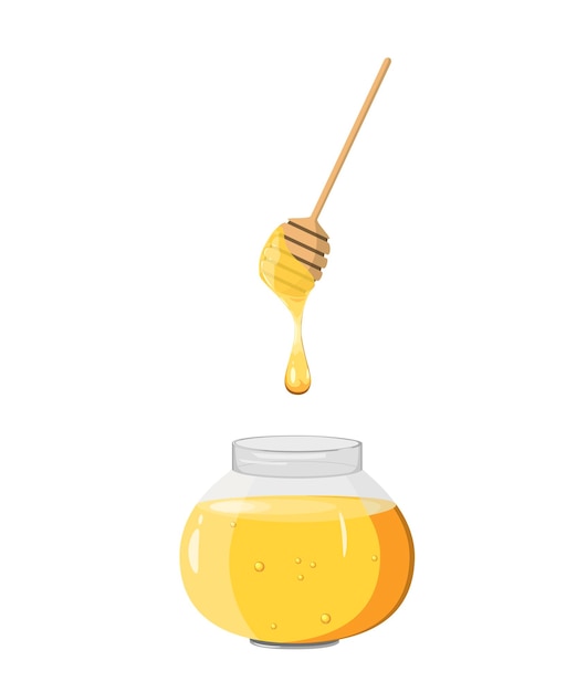 A glass jar with honey on a white background