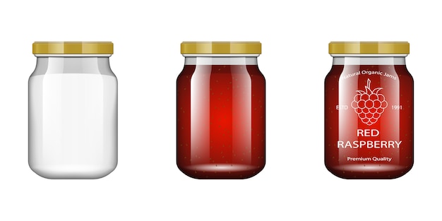 Glass jar with jam and configure with raspberry.  Packaging collection. Label for jam. Bank realistic. 