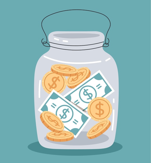 Glass jar with money and golden coins savings concept
