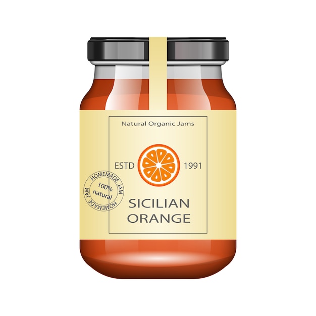 Vector glass jar with orange jam and configure.  packaging collection. vintage label for jam. bank realistic.