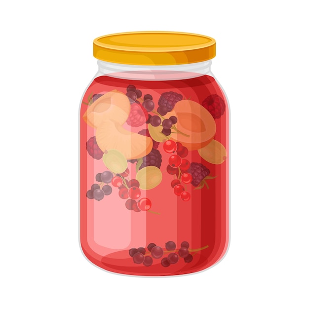 Vector glass jar with preserved berry compote or stewed fruit vector illustration