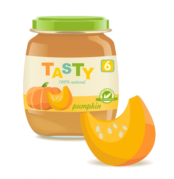 Vector glass jar with pumpkin baby food.