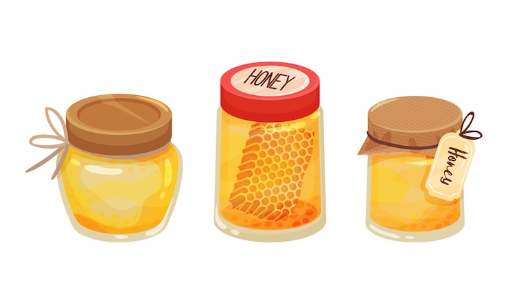Vector glass jar with sugary honey fluid and honeycomb vector set