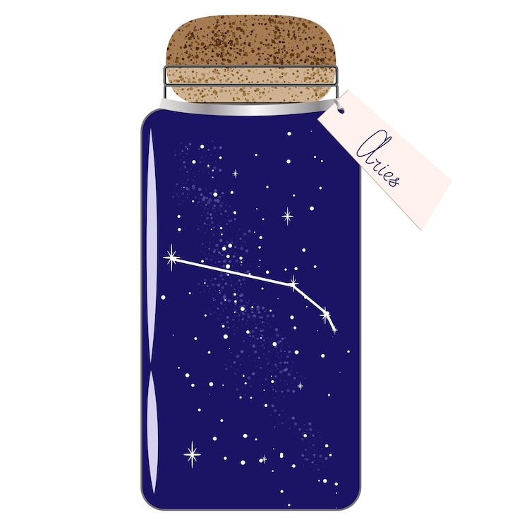Vector glass jar with zodiac constellation aries on the night sky collect moment jar with tag for horoscope