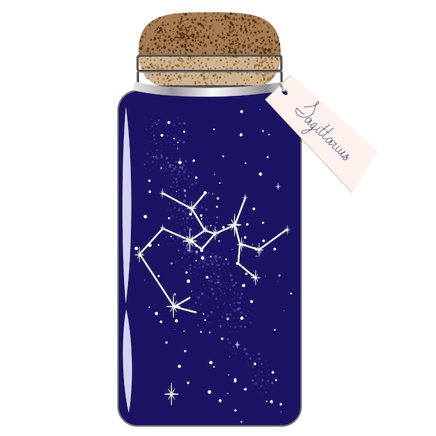 Glass jar with zodiac constellations Sagittarius on the night sky Jar with tag for horoscope