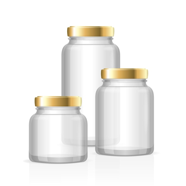 Glass Jars Bottles Empty Transparent. Small, Medium and Large. Vector illustration