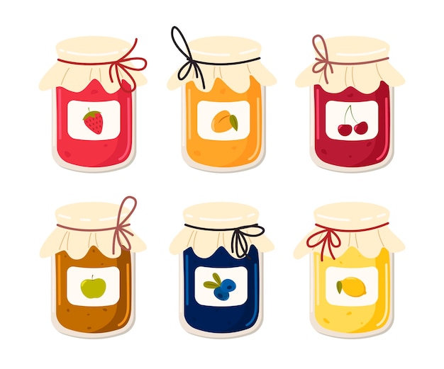 Vector glass jars with fruit or berry jam vector illustrations set