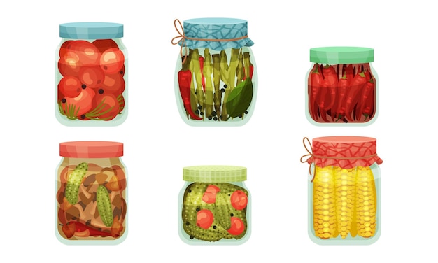 Vector glass jars with pickled products like corn and asparagus vector set