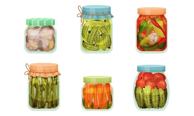 Vector glass jars with pickled products like cucumber and asparagus vector set