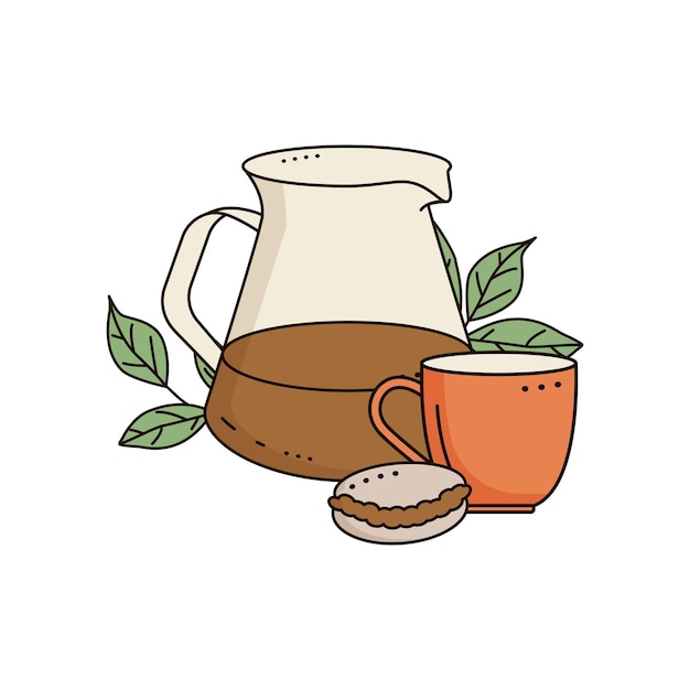 Glass jug with coffee or tea cup and macaroon isolated on white Doodle style