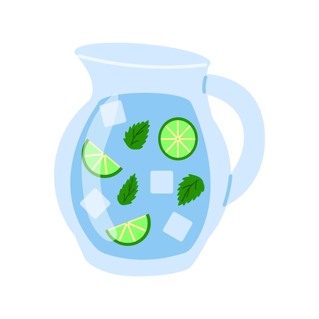 Glass jug with mojito lemonade and ice on a white background Refreshing summer drinks