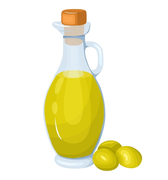 Vector glass jug with olive oil and olives the concept of organic vegan products