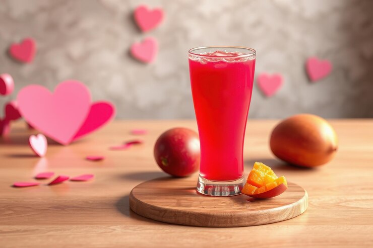 Vector a glass of juice next to an orange juice and fruit on a wooden tray